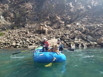 couple on a raft with a handsome golden retriever